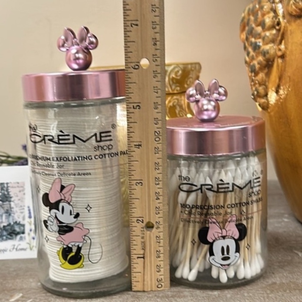 💗🎀2 Disney The Crème Shop Minnie Mouse Glass Jars pink lids with bows NWT
